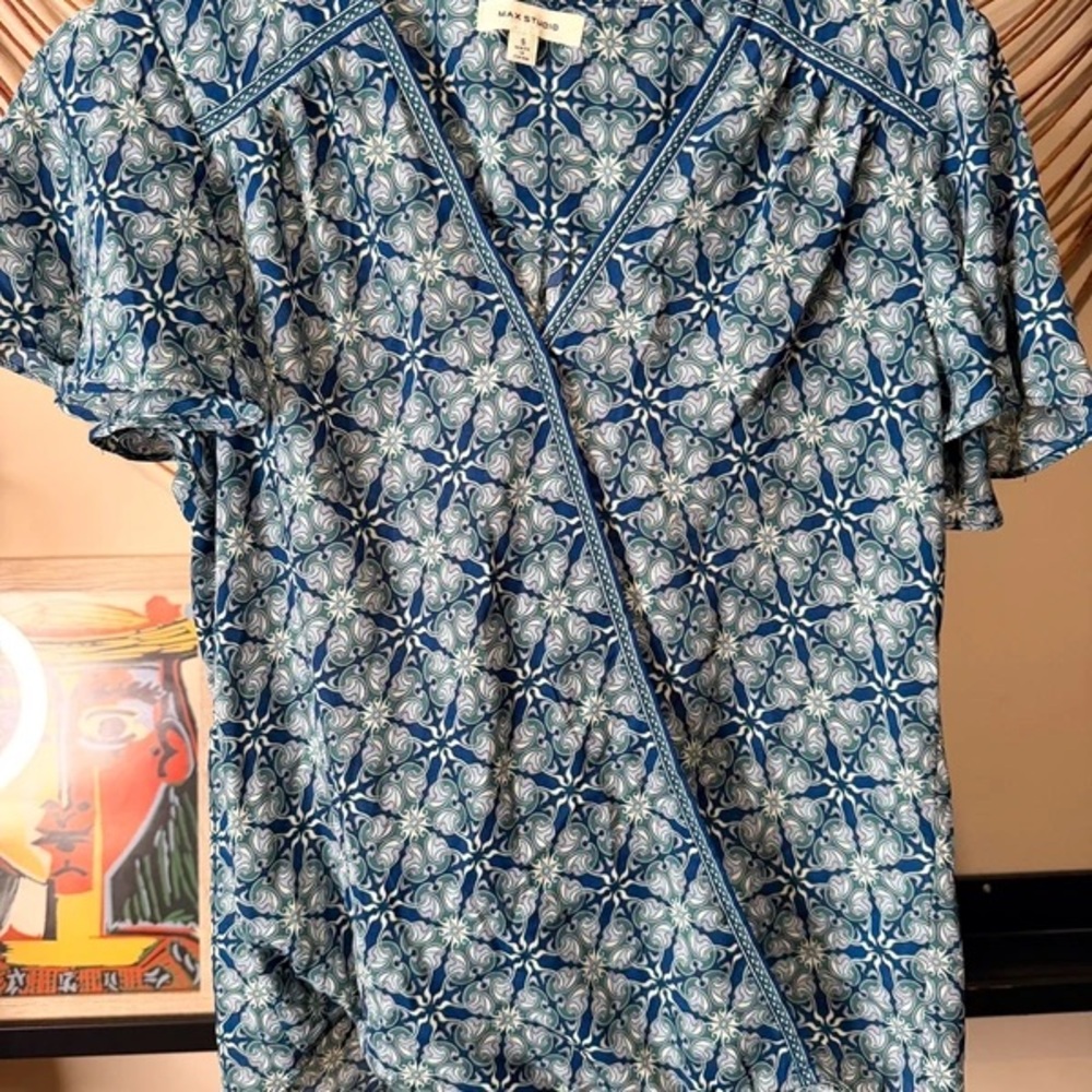 Max Studio Blue Patterned Short-Sleeve Shirt